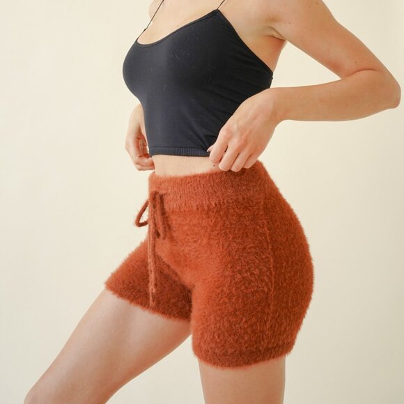HEM & THREAD Rust Fuzzy Knit Shorts | Cozy Soft Lounge High Waist Shorts - Picture 2 of 3